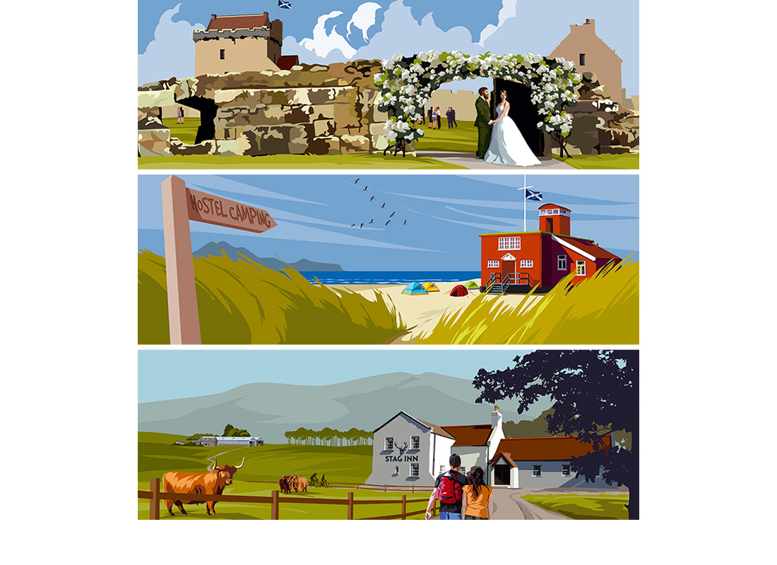 A Visit Scotland commission to produce over 20 illustrations showing the variety of accommodation available throughout Scotland.