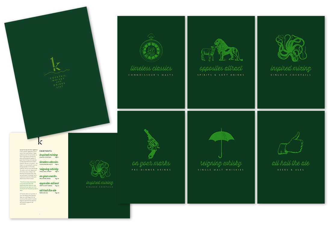 A fun project to pep up a drinks booklet for Kinloch Lodge whilst still retaining a traditional feel.